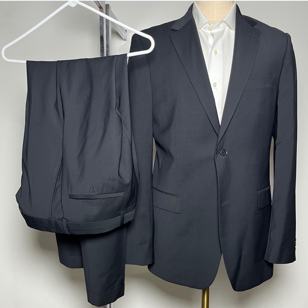 Hugo Boss Suit Mens 40L 34x32 Navy Blue Stripe Super 100 Wool Pasolini Movie